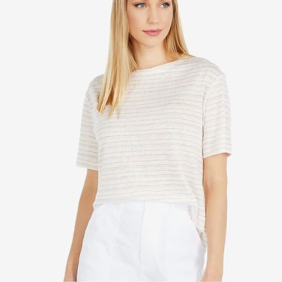 Vince Multi Stripe Linen Boyfriend Tee Short Sleeve Women’s Medium - Picture 1 of 5